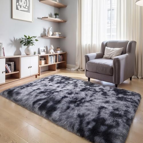 3x5 Thick Tie-dye Dark Grey Fluffy Shag Rug by KICHOWUA