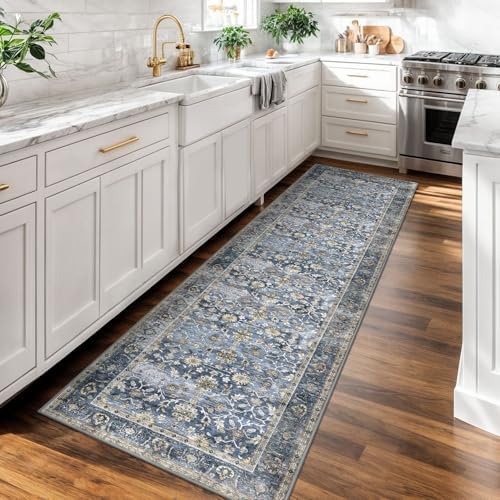 KUTA Vintage Washable Runner Rug 2x7 Blue Grey Beige Runners - Image 2