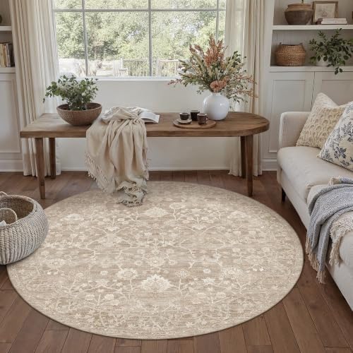 HUGEAR 4x4 Beige Neutral Round Rugs Washable Rug Carpet by HUGEAR