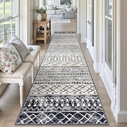 KUTA Moroccan Boho Geometric Washable Runner Rug 2.6x10 Black Navy Blue - Image 4