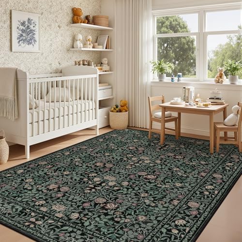 6x9 Area Rug Living Room: Soft Floral Washable Carpet Dark Green - Image 4