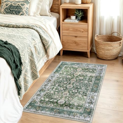 KUTA Vintage Floral Green Entryway Rug 2x3, Kitchen Rugs Washable - Image 3