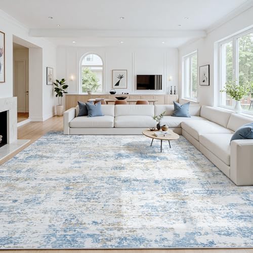 9x12 Area Rugs for Living Room: Washable Soft Blue White Abstract Carpet by Oriannal