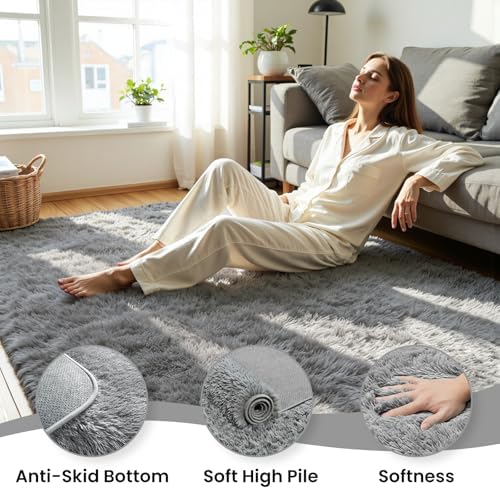 8x10 Fluffy Area Rug for Living Room: Non-Slip Light Grey Bedroom Carpet - Image 5