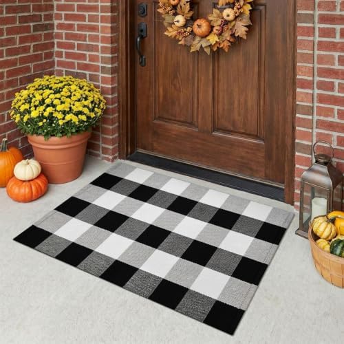 MUBIN Fall Decor Cotton Buffalo Plaid Rug, Washable Doormat Hand-Woven Foldable - Image 2