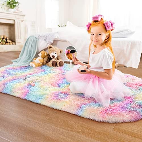 2x5 Rainbow Fluffy Soft Oval Rug Non-Slip - Image 3