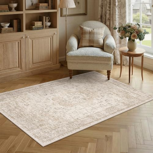 PureCozy Beige Small Area Rug 4x5 Vintage Oriental Distressed - Image 3
