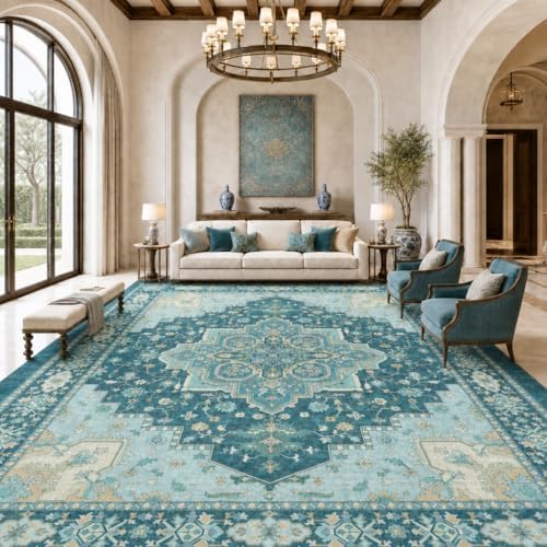 Amada Vintage Washable Area Rug, Teal Blue by AMADAHOMEFURNISHING