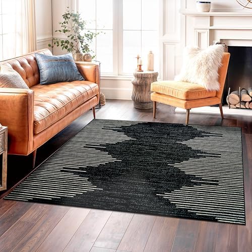 Rugshop Bohemian Stripe Stain Resistant Square Rug Black 6'6" x 6'6" by Rugshop