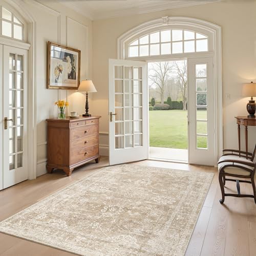 Madane Washable Area Rug 4x6 for Living Room, Soft Neutral Rugs Beige/Brown by Madane