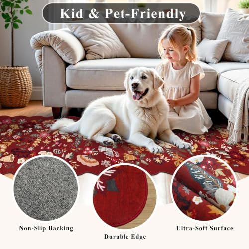 Christmas Red 3x5 Entryway Rug: Scalloped Floral Washable Holiday Door Mat - Image 6