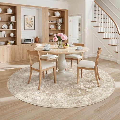 Madane Washable Round Rug 9ft for Living Room, Soft Neutral Rug Beige/Brown - Image 2