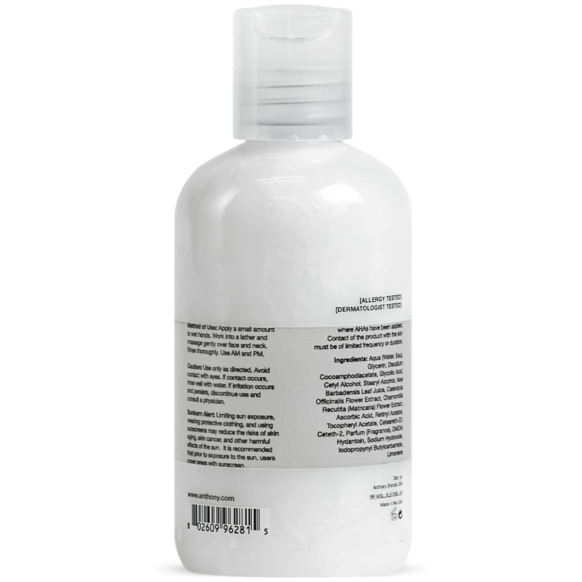 Anthony Glycolic Facial Cleanser for Men, Daily Exfoliating & Hydrating Face Wash, Shave Prep, Non-Foaming, Deep Cleansing, Gentle on Sensitive Skin, Removes Dirt & Oil, Smooths Texture, 3.4 Fl Oz