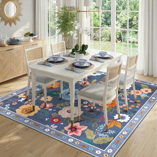 RELEANY Floral Washable Square 5ft Area Rug Blue/Grey - Image 2
