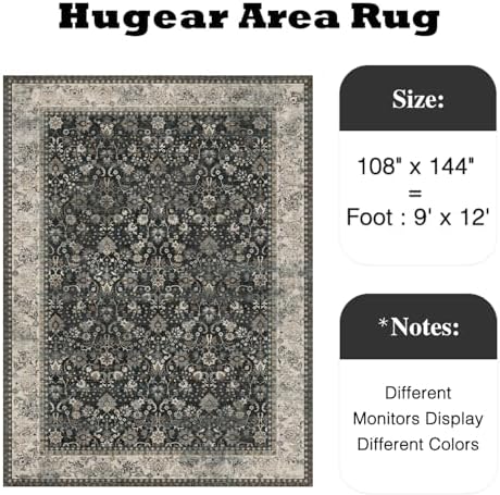 HUGEAR 9x12 Black Beige Vintage Floral Washable Area Rug - Image 2
