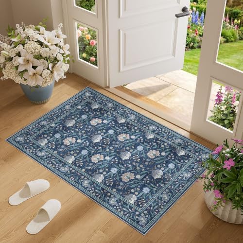 DUKINO 2x3 Rug, Washable Vintage Floral Bathroom Rugs Non Slip, Dark Blue - Image 3