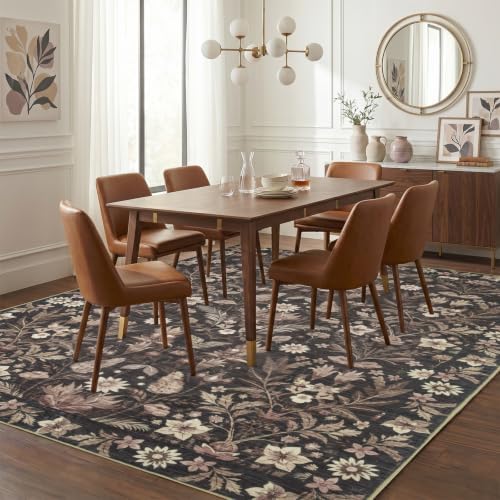 Black Boho Floral Rug 9x12, Washable Area Rugs - Image 4