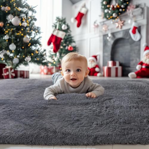 Solid Grey Fluffy Shag Runner Rug, Washable Non Slip Soft Carpet - Image 3
