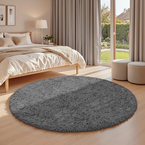 Dark Gray Round Fluffy Rug 5ft Plush Fuzzy Shaggy Carpet - Image 2