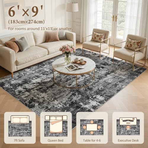 6x9 Area Rugs Living Room Washable Rug, Abstract Black - Image 7