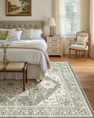 Washable Area Rug-6X9 Vintage Neutral Soft Green - Image 3