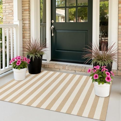 Rugalia Washable Woven Entryway Rug 3x5, Natural Beige Striped Indoor Outdoor by Rugalia
