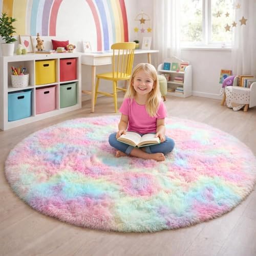 Amdrebio Rainbow Unicorn Pastel Circle Round Rug 4Ft - Image 6