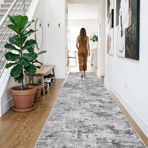 Abstract Washable Hallway Runner 2'6 x 12: Non Slip Runner Rug Black Grey - Image 3