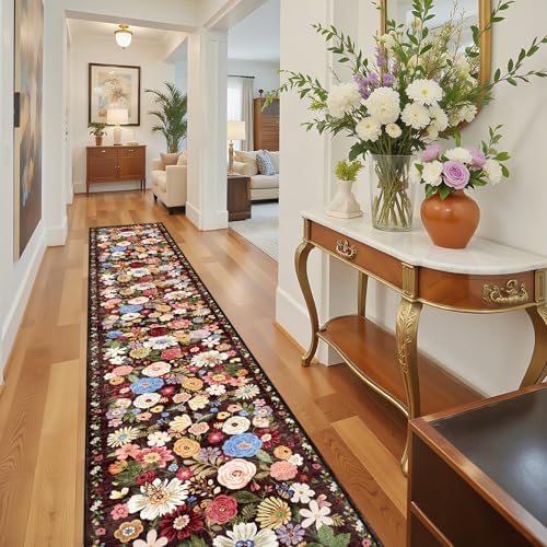 Black Brown Floral Hallway Runner Rug 2x10 - Image 7