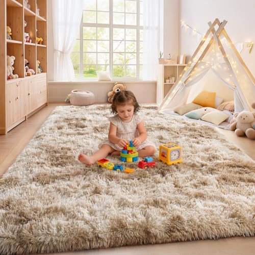 Large Living Room Area Rug 9x12Ft Shaggy Carpet Fuzzy Carpet Tie Dye Camel - Image 6