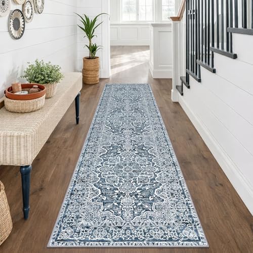 KUTA Vintage Washable Runner Rug 2x7 Blue White Hallway Kitchen Runners - Image 3