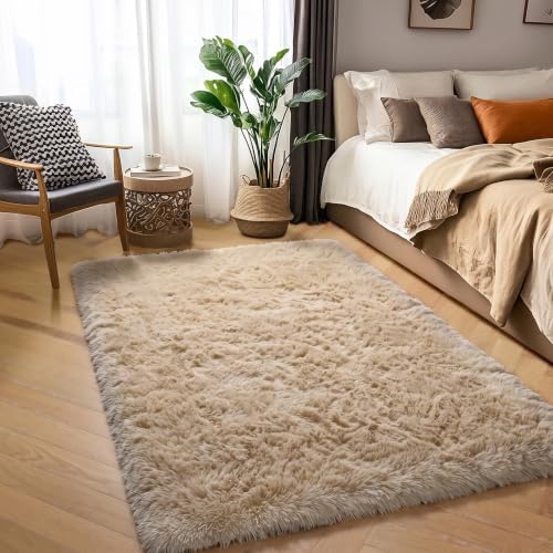 Amdrebio Beige Boho Furry Small Area Rug 3x5 - Image 3