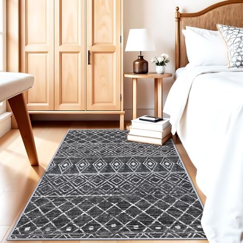3x5 Washable Moroccan Area Rug: Ultra Soft Low Pile Non Slip Rugs Black - Image 4