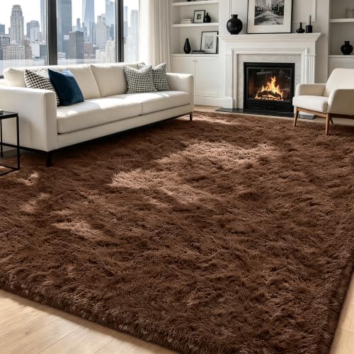 Brown 9x12 Area Rugs for Living Room, Fluffy Shag Rug Large Bedroom Carpet by Yongyangjuxi