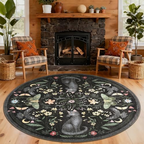 GarveeHome Round Area Rugs 5ft for Bedroom, Cat Black Washable Circle Rug Soft - Image 2