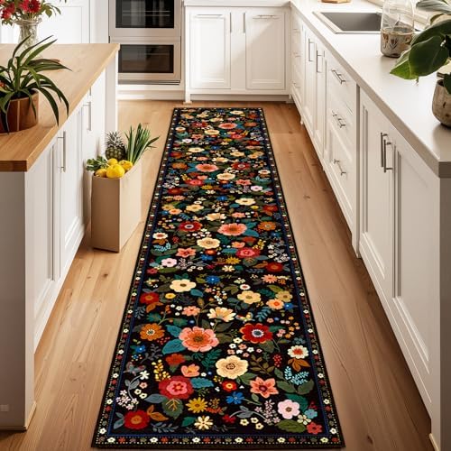 Floral Washable 2x6 Area Rugs Runner Entryway Hallway Black - Image 6
