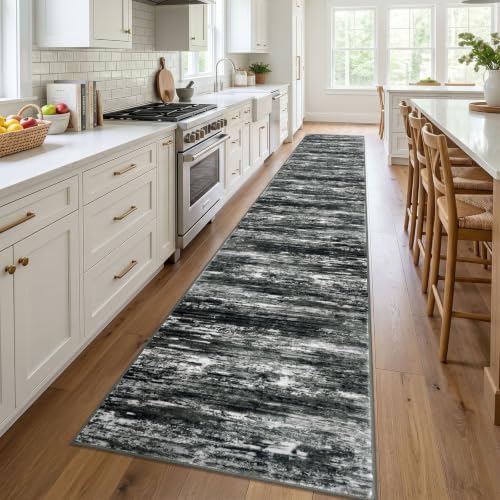 KOZYFLY Modern Washable Long Rug Runner 2.6x18 Hallway Rug Black White Grey - Image 2