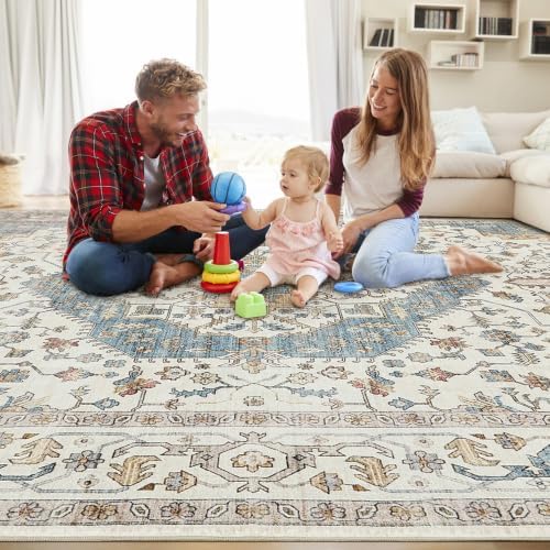 Vintage 8x10 Rugs for Living Room Washable Area Rug Blue/Beige - Image 5
