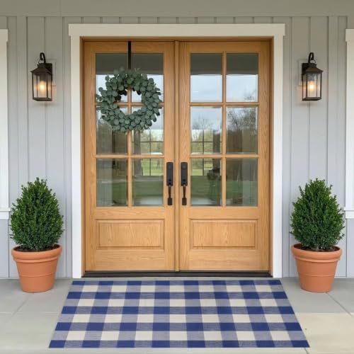 SEEKSEE Buffalo Plaid Outdoor Rug 3' x 5' Blue and White Front Door Mat - Image 3