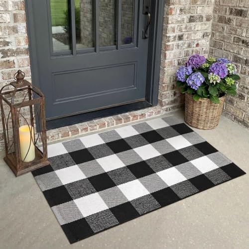 SEEKSEE Fall Decor Buffalo Plaid Outdoor Rug 2' x 3' Black and White Front Door - Image 3