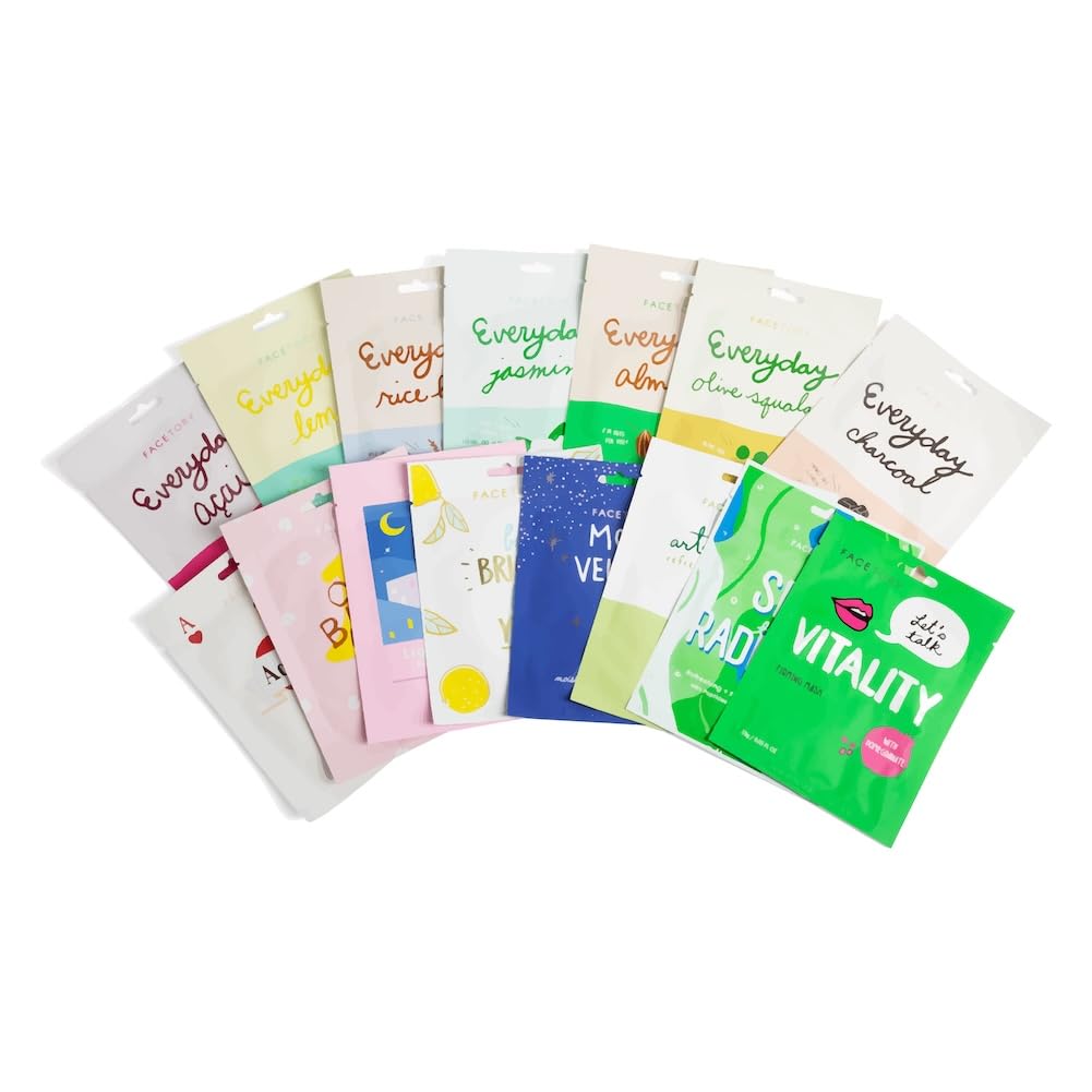 FACETORY K-Beauty Sheet Mask Gift Set – 15 Premium Korean Face Masks in Stylish Gift Box | Hydrating, Brightening & Soothing Skincare Variety Pack