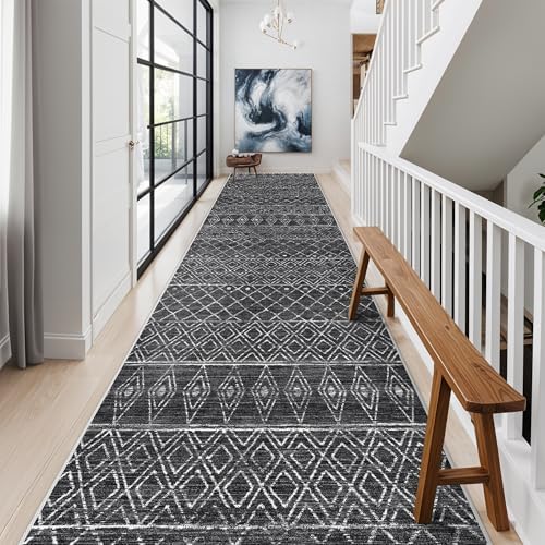 Washable 2.6x14 Runner Rug Moroccan: Hallway Non Slip Geometric Rugs Black by BYYVOORugsforYourHome