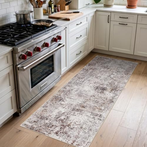 2x5 Washable Kitchen Runner Rug: Modern Abstract Low Pile Rugs BrickGray by Puino