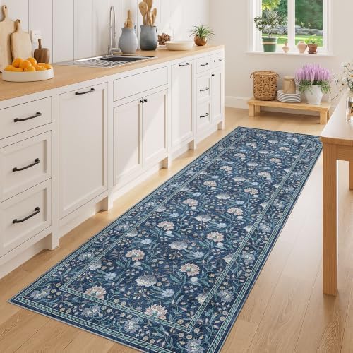DUKINO 2x6 Runner Rug, Washable Vintage Floral Kitchen Rug, Dark Blue - Image 3