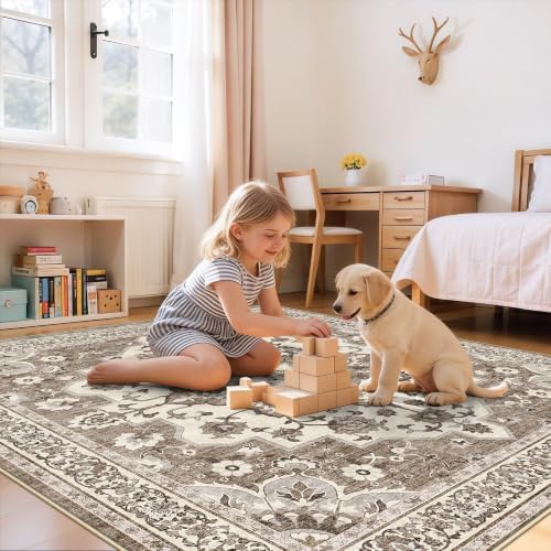 Living Room 7x7 Square Rug: Thin Vintage Washable Area Rugs - Image 3