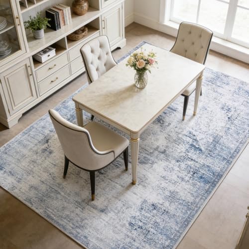 Washable Area Rug 8x10 for Living Room, Non-Slip Backing, Distressed Blue - Image 3