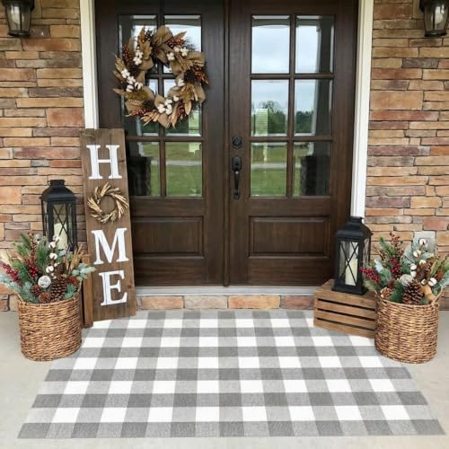 MUBIN Cotton Buffalo Plaid Rug, Washable Large Doormat Hand-Woven Foldable Area - Image 4