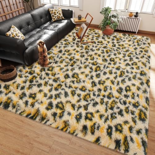 5x7 Shag Rugs for Living Room, Washable Khaki Leopard by Ailyei