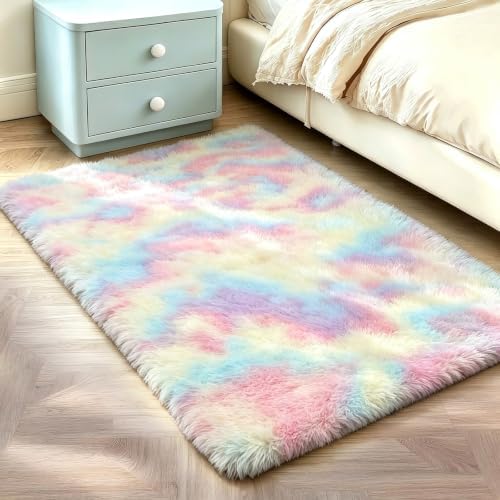 2x3 Rainbow Fluffy Area Rug for Bedroom and Bedside, Washable Soft Shag Carpet - Image 3
