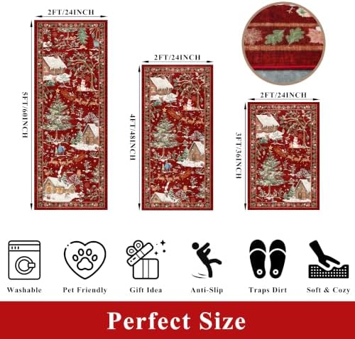 3-Piece Christmas Rug Set for Kitchen: Red Washable Throw Kitchen Mat Low Pile - Image 2